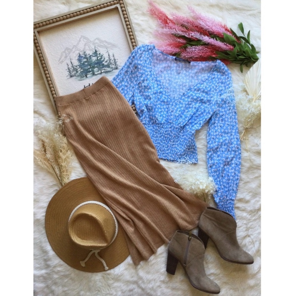 Free People XS Heathered Brown Ribbed Knit Slit Midi Skirt Western Boho Neutral - Picture 9 of 14